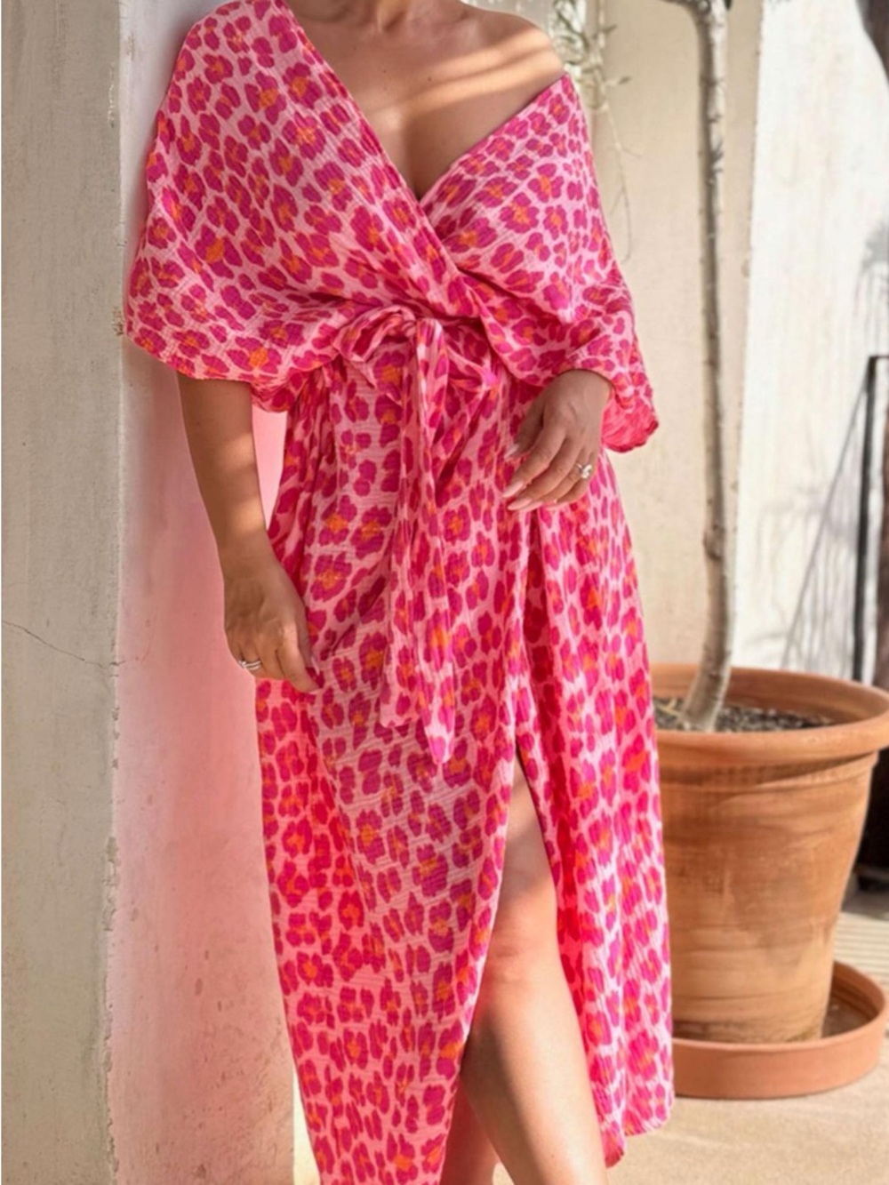 Pink & Orange Leopard Print Wrap Dress